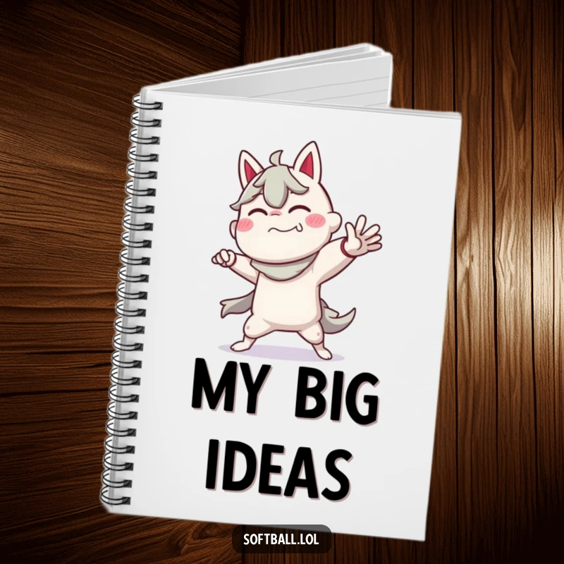 Funny notebook cover illustrating a character in a dramatic pitching pose, ideal for capturing ideas with a humorous baseball theme.