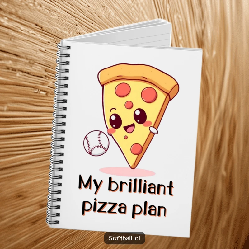 Funny giant pizza slice with googly eyes attempting to catch a baseball on the cover of a lined notebook, inspiring fun notes.
