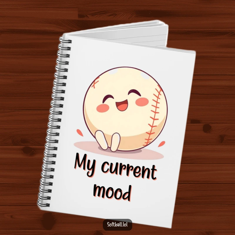 Funny Notebook: A softball character rolls with pure glee, inspiring joyful thoughts and energetic note-taking.