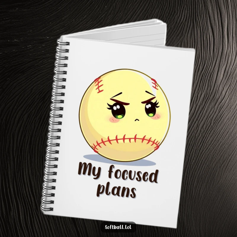 Funny softball notebook featuring a softball character intently focusing on the batter, ideal for planning and notes.