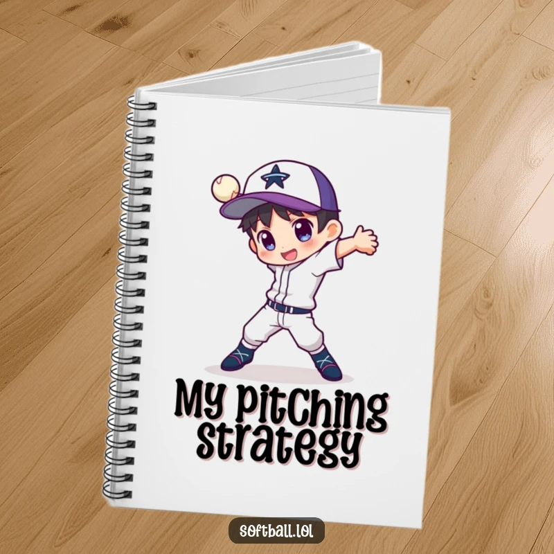 Funny notebook featuring a character in a dynamic pose with a fancy pitching motion, ideal for jotting down game strategies.