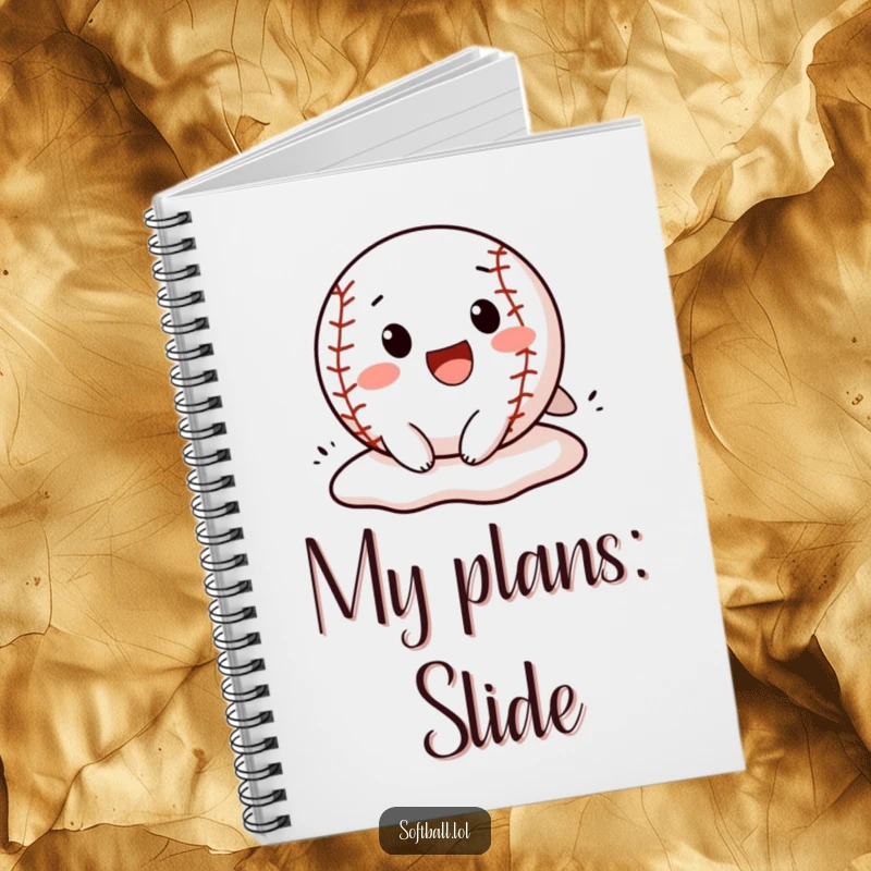Funny softball notebook featuring a cheerful character sliding headfirst into a base, perfect for jotting down notes with a smile.