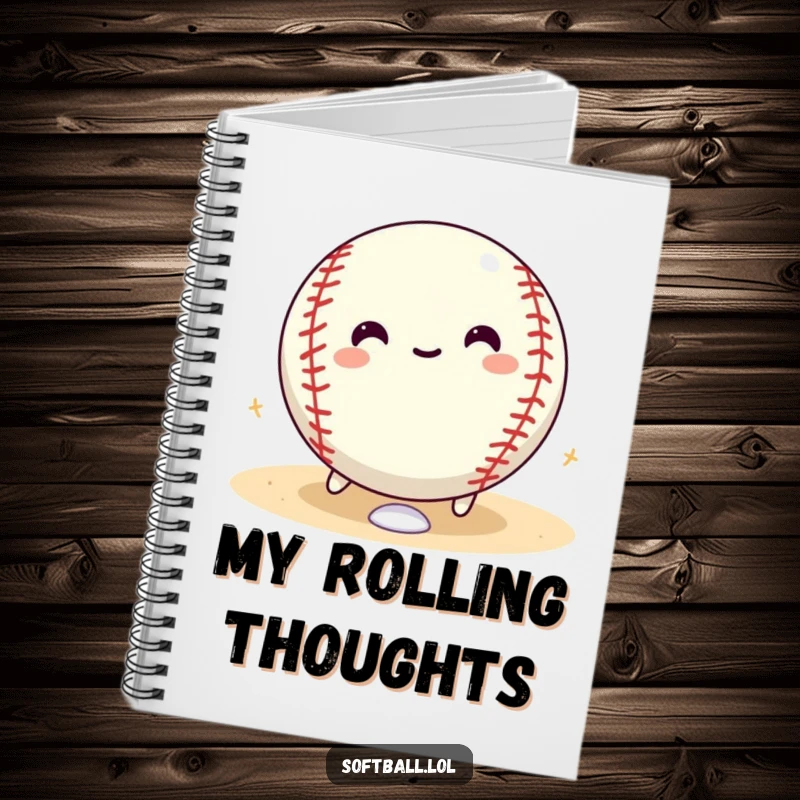 Funny softball notebook featuring a happy softball character rolling with glee around the bases, ideal for jotting notes.