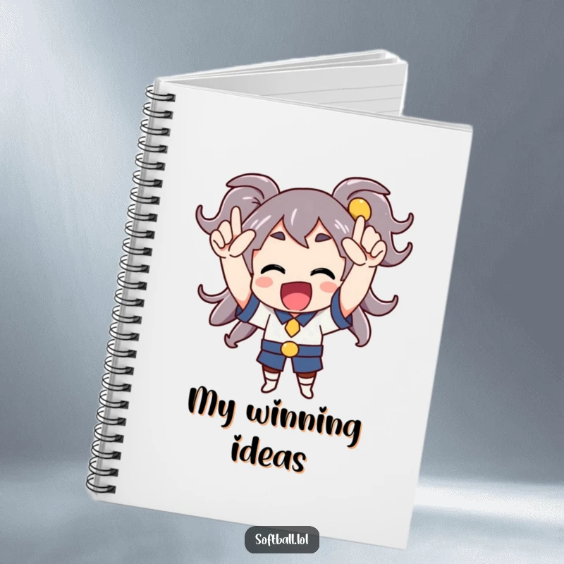 Funny notebook with a character cheering enthusiastically with arms raised, great for notes and ideas with celebration.