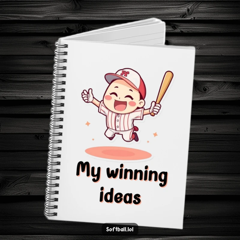 Funny notebook showing a happy character celebrating a baseball home run with a triumphant jump, ideal for capturing strategic ideas.