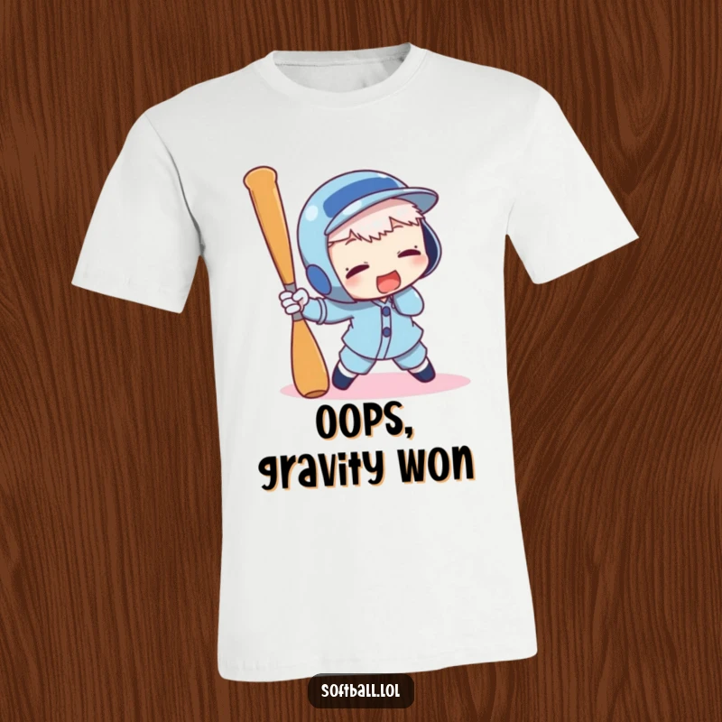 Funny t-shirt featuring a character comically tripping over a baseball bat, capturing a moment of unexpected chaos and humor.