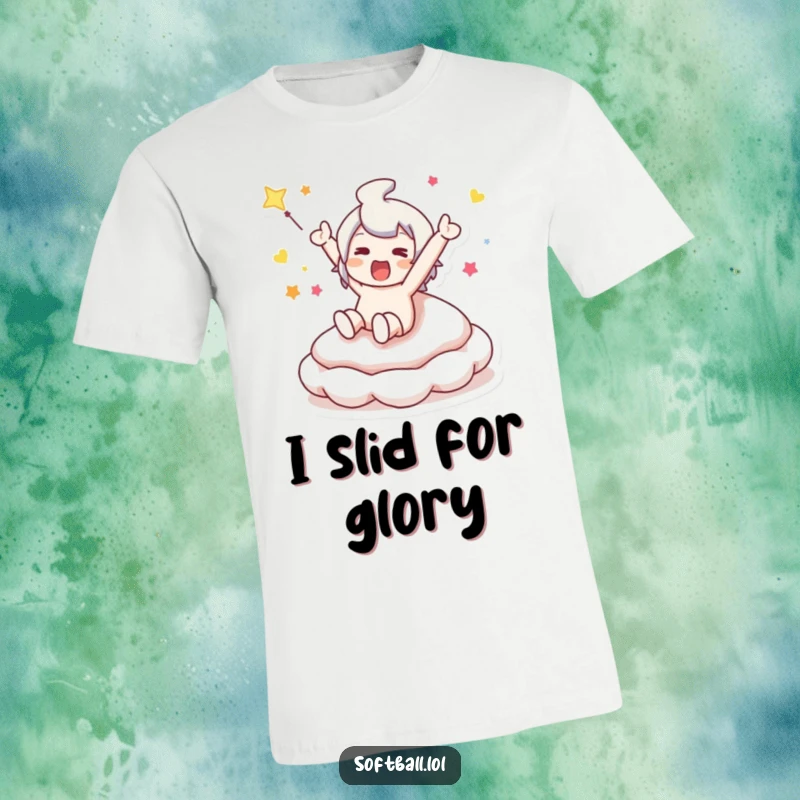 Funny t-shirt featuring a character mid-slide into a bouncy base, capturing the excitement of a baseball game.