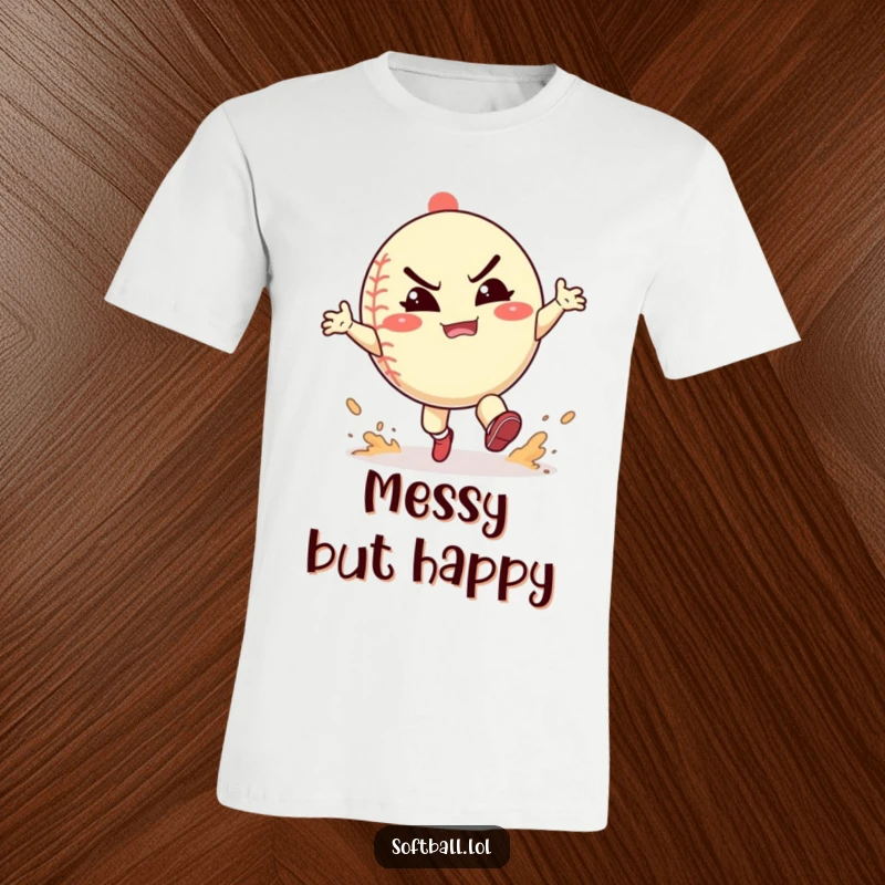 Funny softball t-shirt featuring a character energetically kicking up dust with a determined yet happy grimace, embodying playful effort.