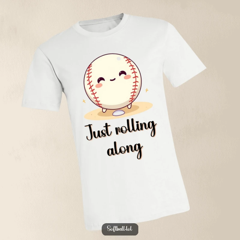 Funny softball t-shirt showing a happy softball character rolling with glee around the bases, perfect for casual wear.