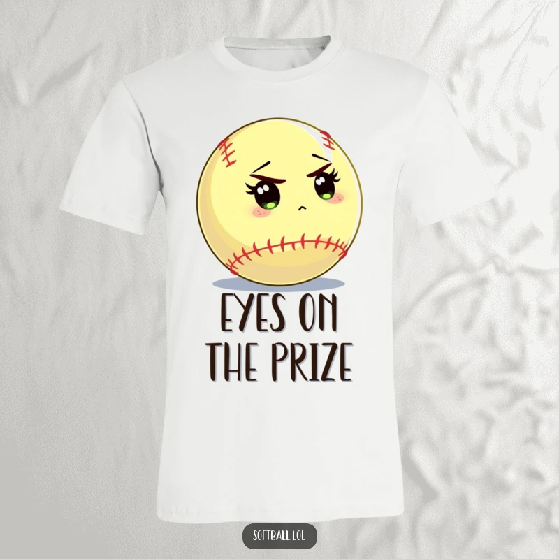Funny softball t-shirt featuring a softball character intensely focusing on the batter, perfect apparel for competitive players.