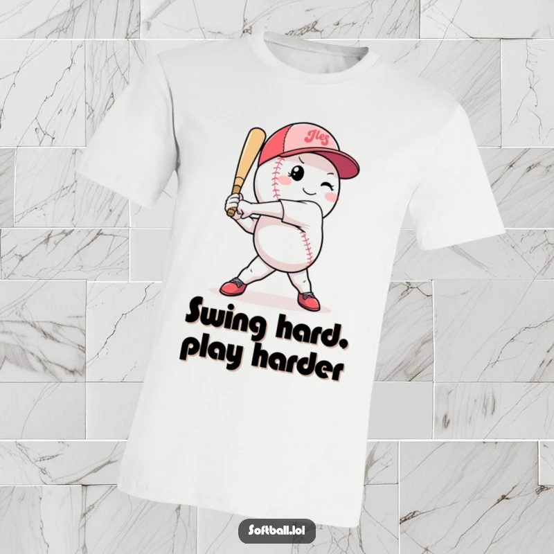 Funny softball t-shirt showcasing a confident character executing a powerful swing, embodying athletic spirit and humor.