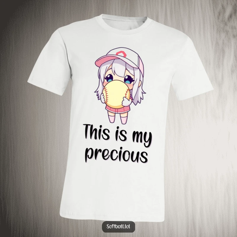 Funny character proudly holding a softball like a treasure, on a t-shirt, highlighting a deep love for the sport.