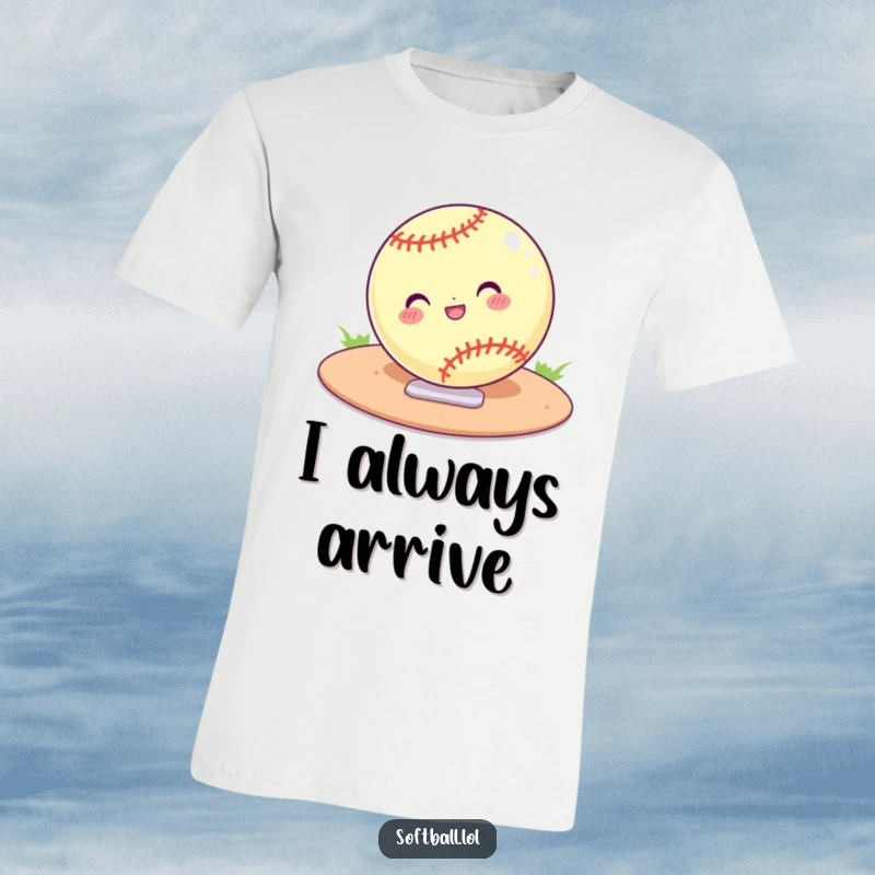 Funny t-shirt print of a cartoon softball sliding confidently into home plate. Humorous athletic apparel for game day.