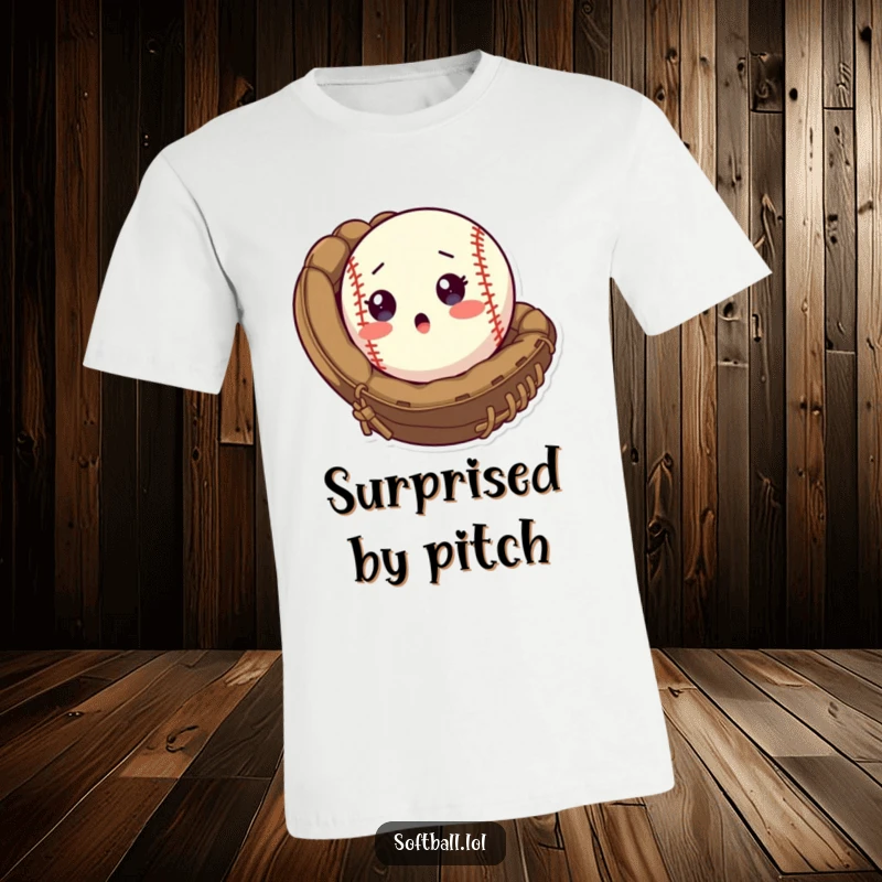 Funny T-Shirt featuring a softball with a surprised face popping out of a mitt, capturing a moment of athletic humor.