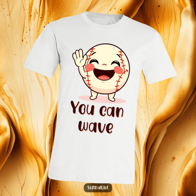 Funny softball t-shirt showing a vibrant character waving with an enormous, infectious smile, embodying pure excitement and friendliness.