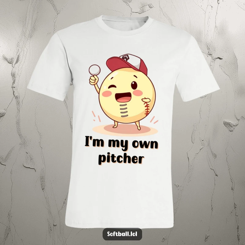 Funny t-shirt showing a softball with a spring attached, hilariously poised to pitch itself, a cartoon of athletic absurdity.