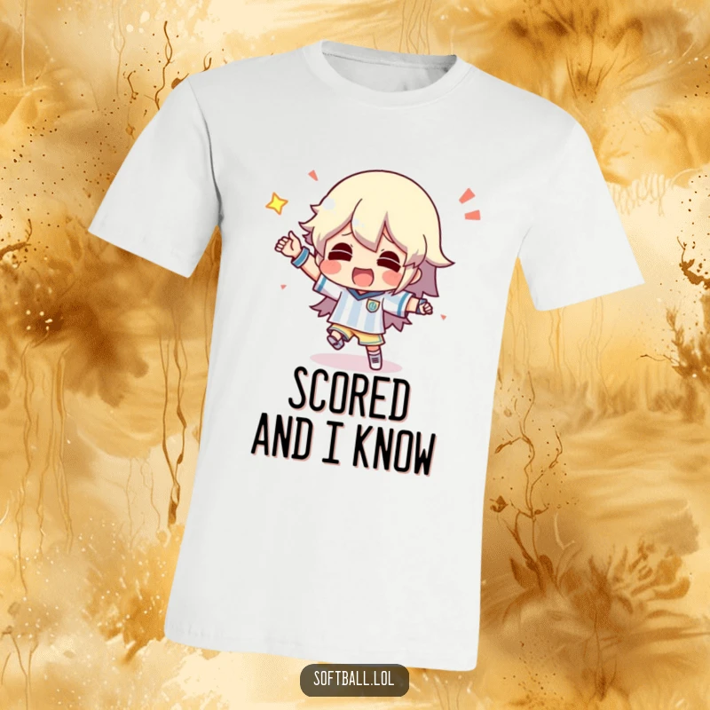 Funny t-shirt featuring a character doing a silly dance after scoring, capturing the excitement of victory.