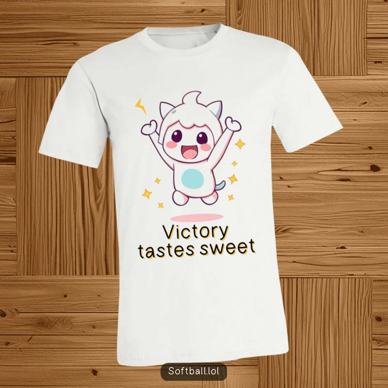 Funny Victory Jump T-Shirt, depicting a kawaii character in a happy jump after a hit, expressing pure elation and success.
