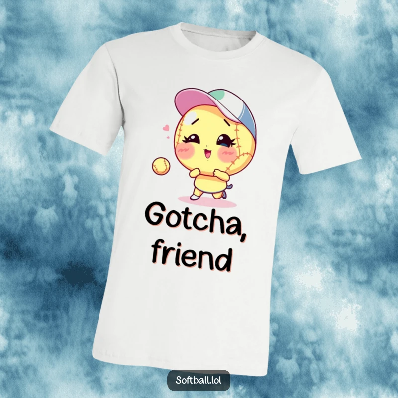 Funny winking softball t-shirt, playing catch with a sly wink, perfect for a funny gift and casual wear.