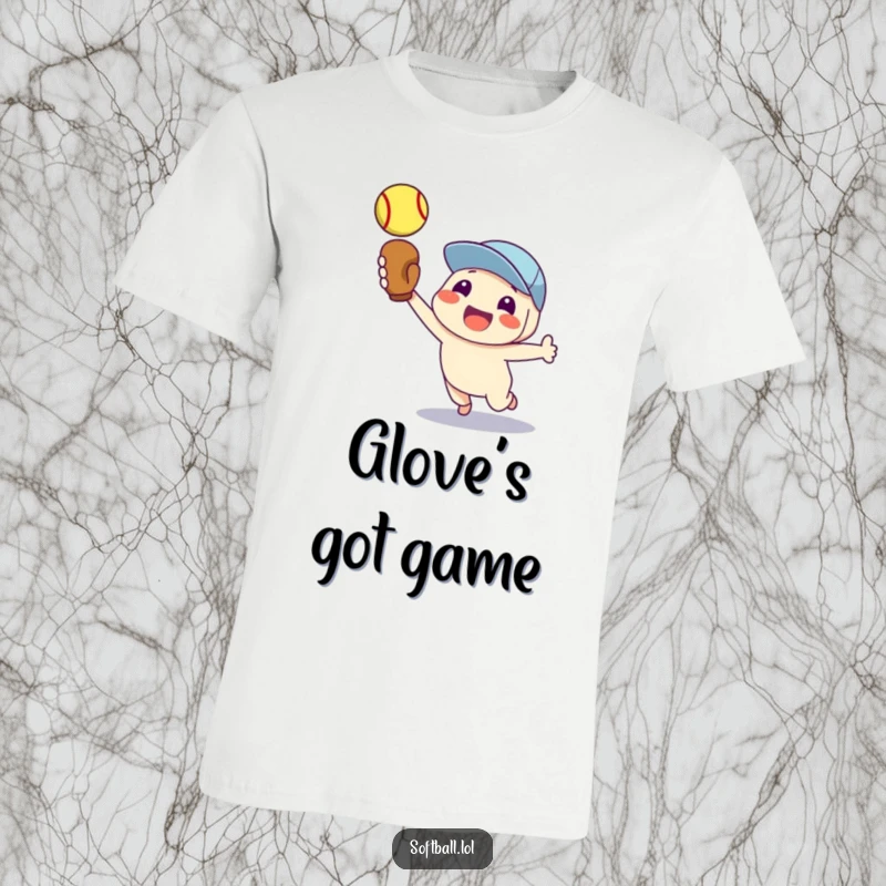 Funny t-shirt featuring a delighted character proudly catching a softball with its glove, perfect for game day.