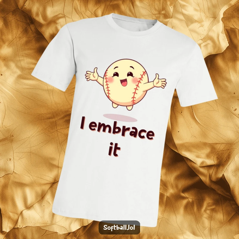 Funny t-shirt print of a cartoon softball in a dynamic pose with arms outstretched. Bold and humorous athletic apparel.