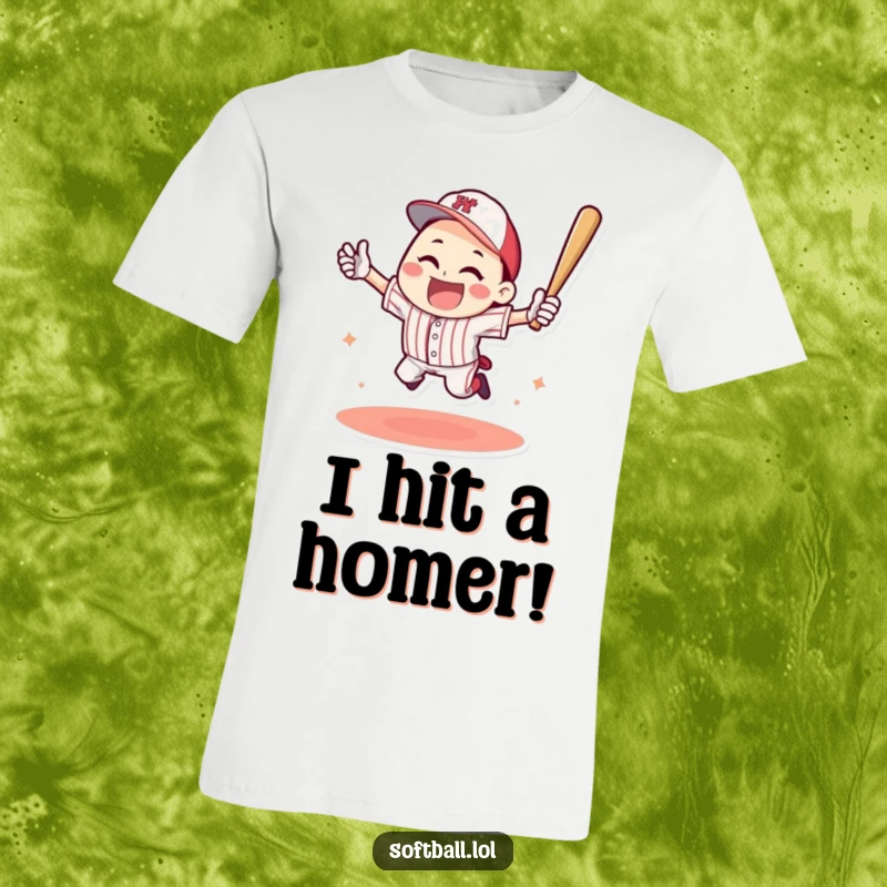 Funny t-shirt of a happy character performing a triumphant jump after a baseball home run, embodying peak athletic celebration.