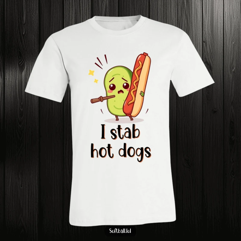 Funny t-shirt with a confused pickle slice comically batting a flying hot dog, a quirky and humorous apparel choice.