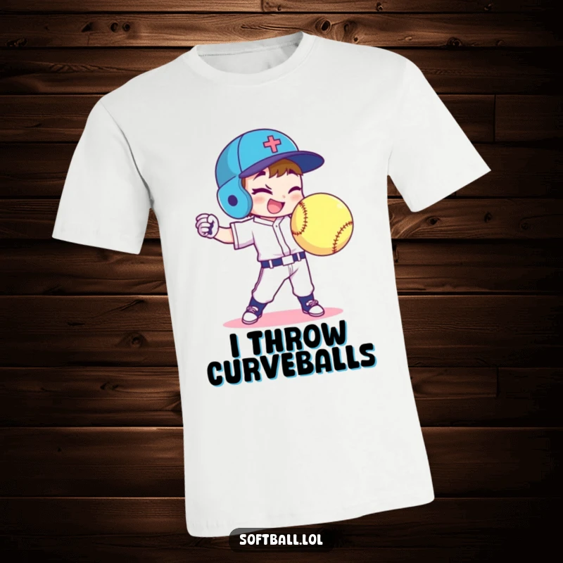 Funny softball player t-shirt features a character delivering a perfect curveball with a mischievous wink, perfect for sporty humor.