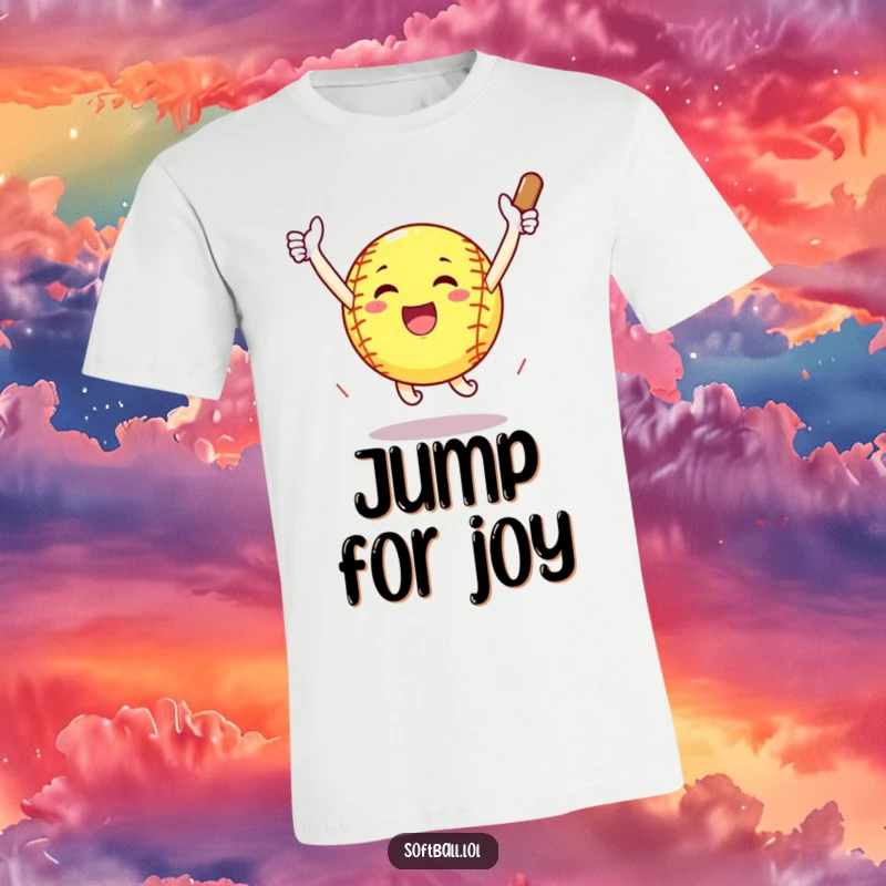 Funny softball arms outstretched celebrating a home run with a jump, ecstatic sports fan t-shirt