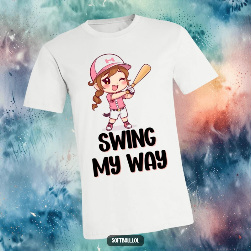 Funny t-shirt showing a happy character in a softball uniform swinging a bat powerfully, embodying the spirit of softball.