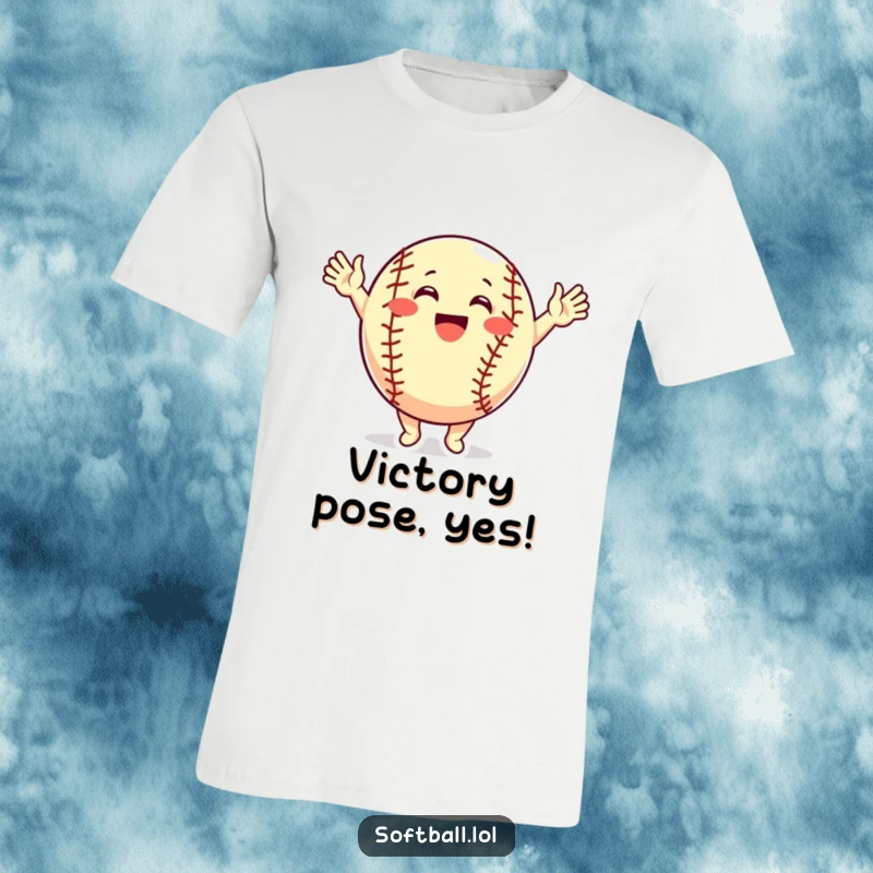 Funny T-Shirt: A happy softball character enthusiastically cheers with arms held high, celebrating a victory or good play.