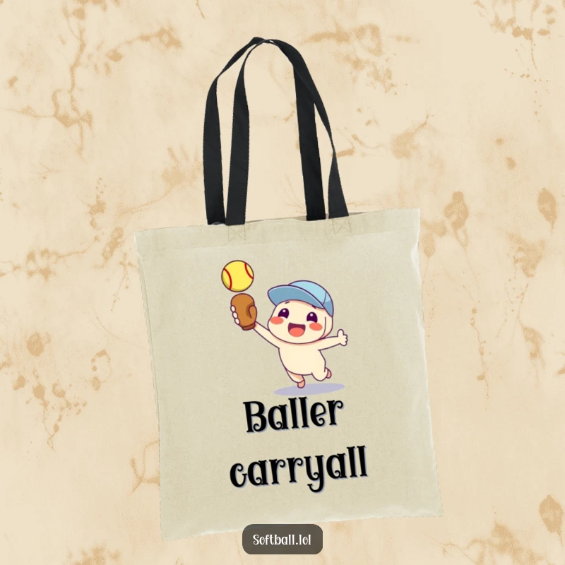 Funny tote bag with a proud character catching a softball, showcasing athletic achievement and humor.