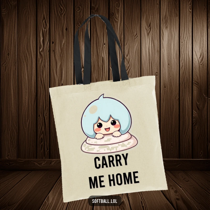 Funny Sliding Baseball Tote Bag, featuring a happy kawaii character sliding into a base, perfect for sports fans and everyday use.