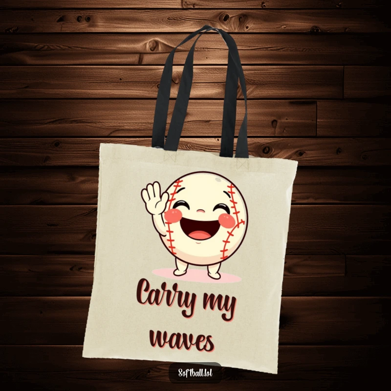 Funny softball tote bag depicting a delightful character waving happily, radiating friendliness and positive energy.