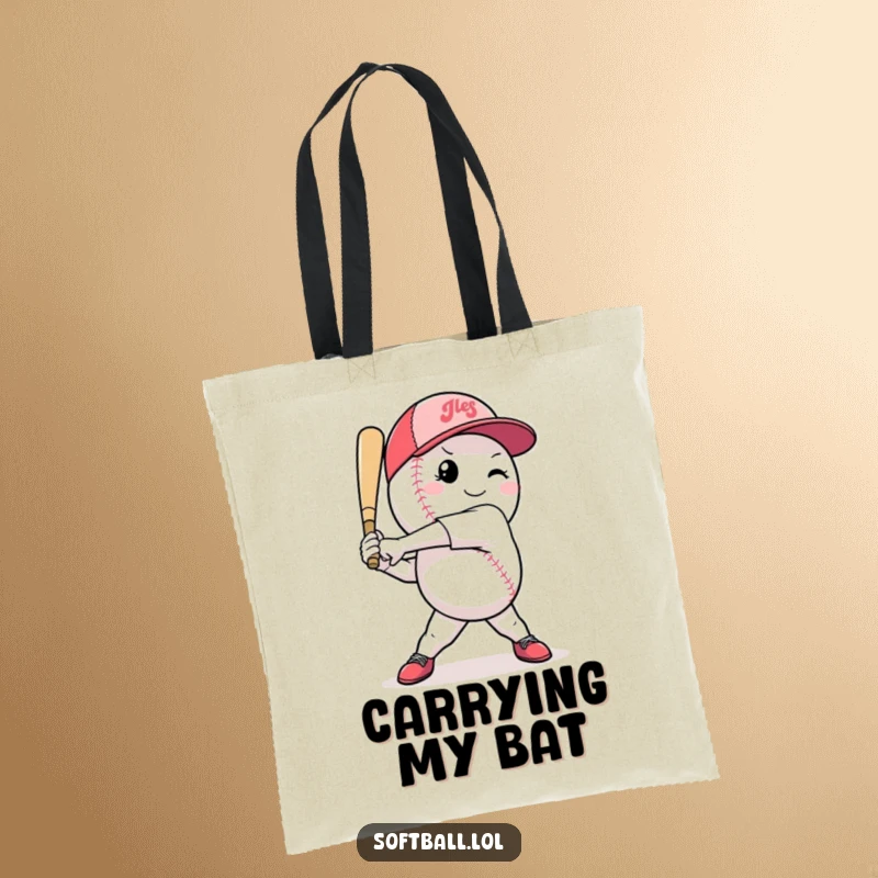 Funny softball tote bag with a powerful character mid-swing, ready to carry softball gear with humor.