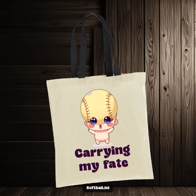 Funny tote bag showing a surprised character with wide eyes seeing a softball fly directly towards it, perfect for quick reactions.