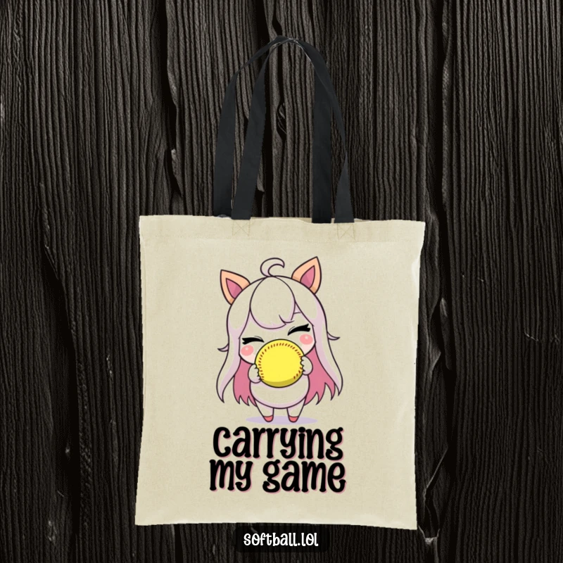 Funny tote bag featuring a character winking while holding a softball, great for carrying essentials with humor.