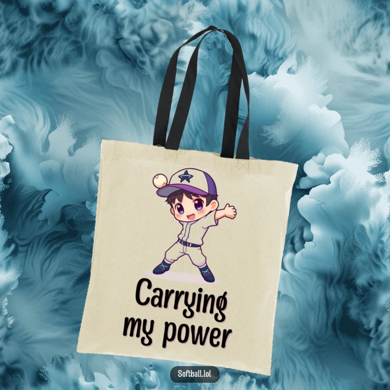 Funny tote bag featuring a character in a dynamic pose with a fancy pitching motion, perfect for carrying baseball essentials.