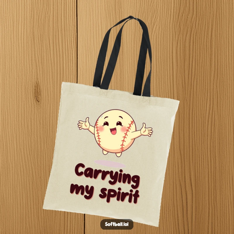 Funny tote bag showcasing a softball striking a dynamic pose with arms outstretched. A humorous and practical sports accessory.