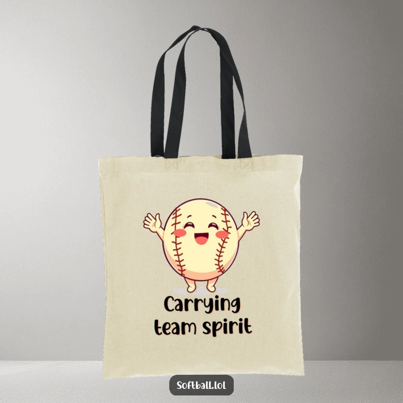 Funny Tote Bag: A cheerful softball character enthusiastically cheers with arms raised high, full of celebratory energy.
