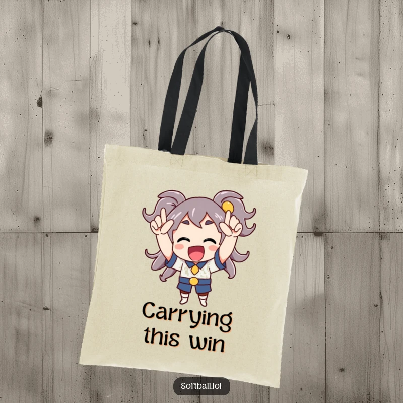 Funny tote bag with a character cheering enthusiastically with arms raised, perfect for carrying essentials and good vibes.