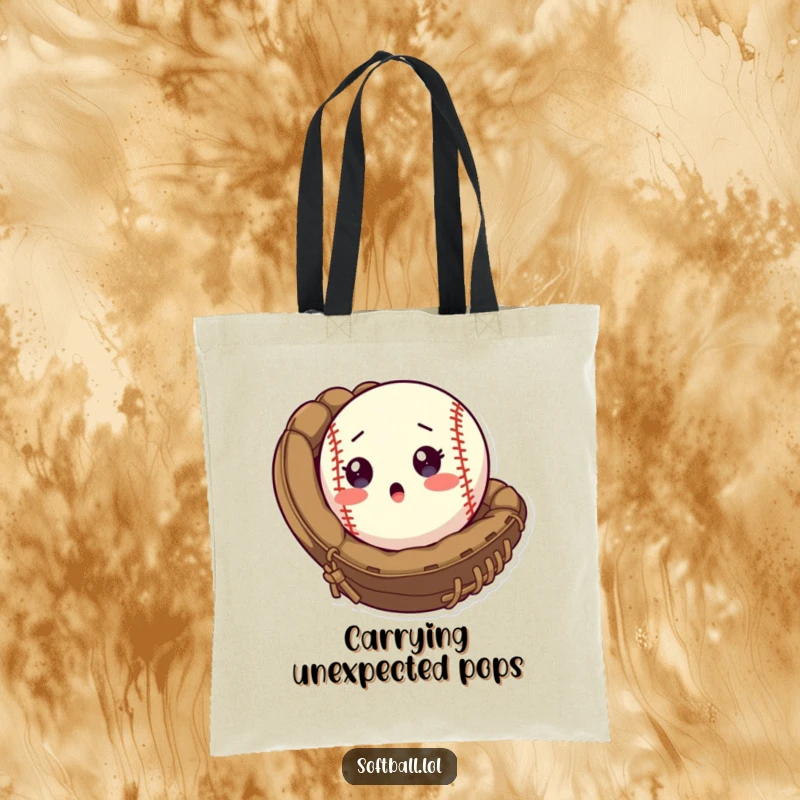 Funny Tote Bag featuring a surprised softball popping out of a mitt, perfect for carrying gear with a touch of humor.