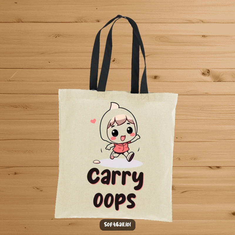 Funny kawaii character tote bag with a character playfully tripping while running bases, ideal for carrying essentials with humor.
