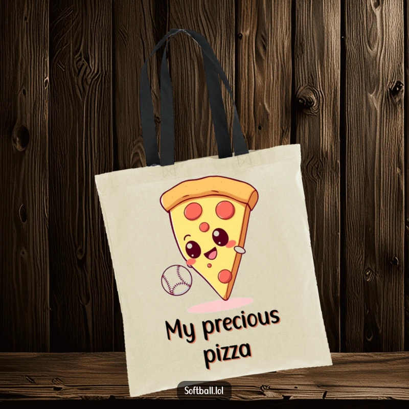 Funny giant pizza slice with googly eyes attempting to catch a baseball on a durable tote bag, ideal for market trips.