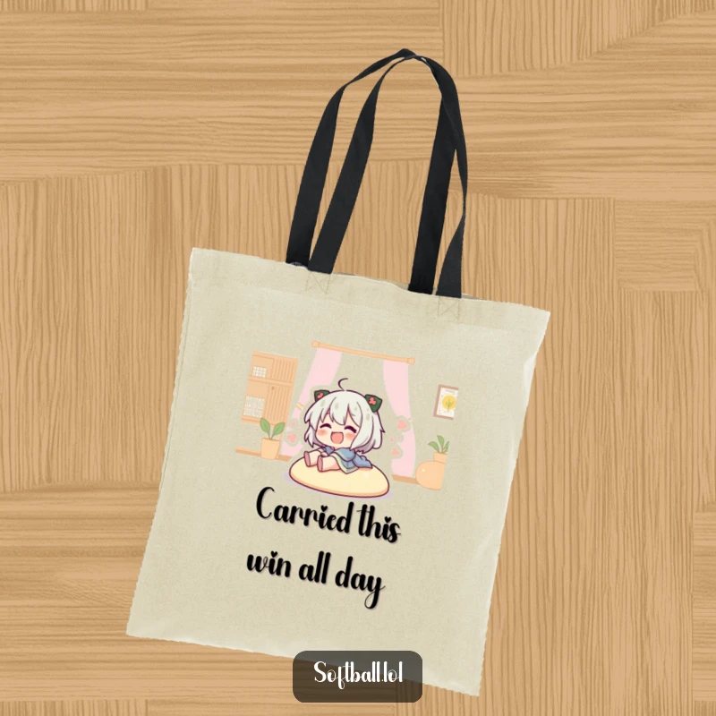 Funny character sliding into home plate on a tote bag, perfect for carrying sports essentials with a humorous touch.