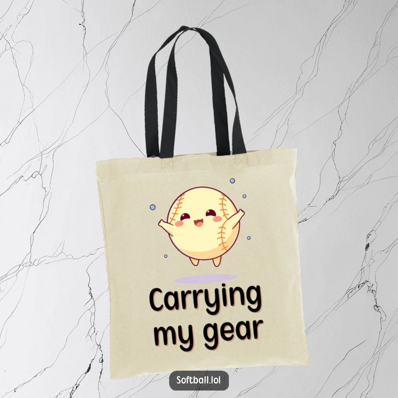 Funny tote bag showcasing a cartoon softball doing a star jump, sweating. A humorous and practical sports accessory.
