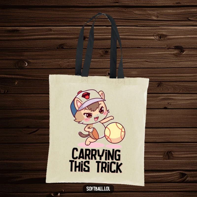 Funny tote bag with a mischievous character dribbling a softball with its foot, perfect for carrying items.