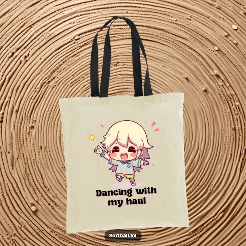 Funny tote bag with a character doing a silly dance after scoring, perfect for carrying items with a festive flair.