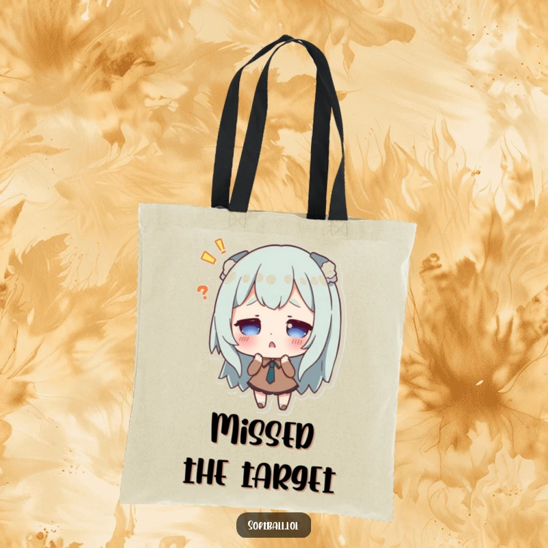 Funny tote bag with a character looking surprised after missing a hit, adding humorous flair to everyday tasks.