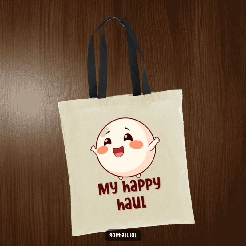 Funny cheerful softball tote bag with rosy cheeks, actively cheering, perfect for carrying items, a great funny gift.